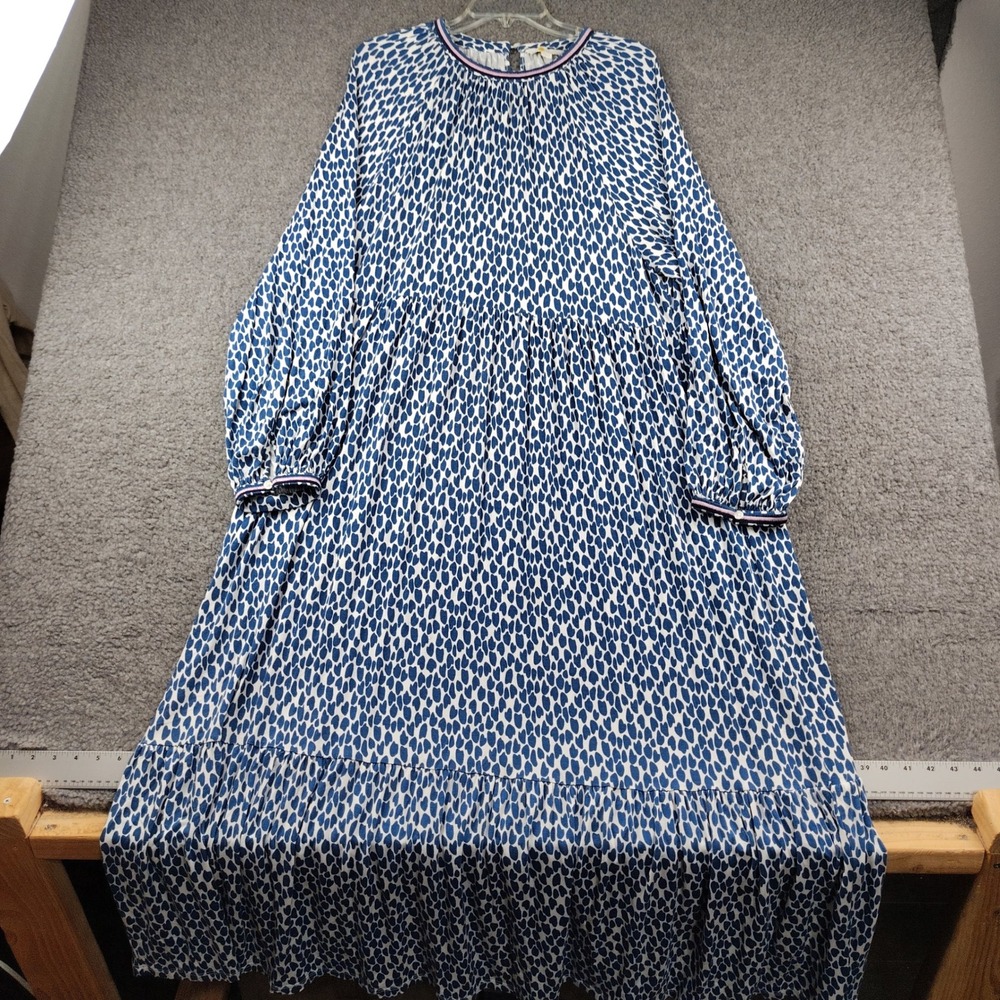 Boden Maxi Dress Sz 16/18R Tiered Long Sleeve Blue White Stretch Lounge